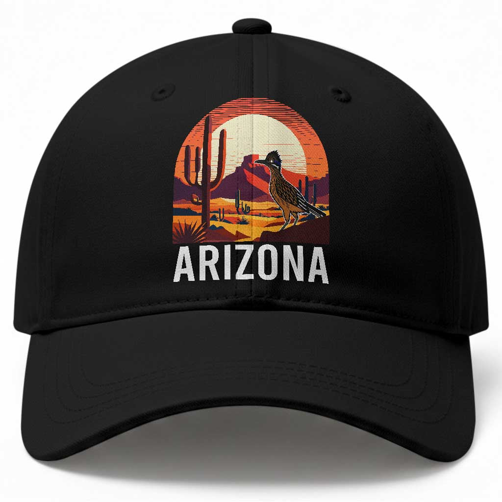 Retro Arizona Roadrunner Desert Sunset Graphic Baseball Cap Southwest Saguaro Cactus Wildlife Travel Souvenir