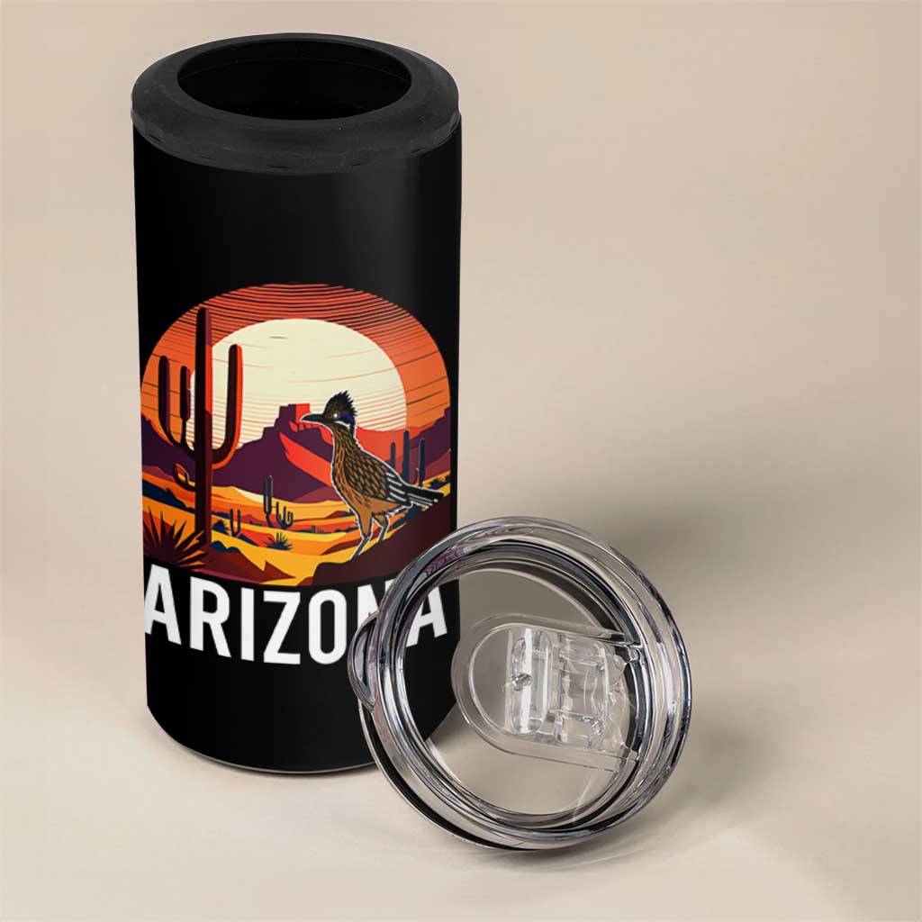 Retro Arizona Roadrunner Desert Sunset Graphic 4 in 1 Can Cooler Tumbler Southwest Saguaro Cactus Wildlife Travel Souvenir
