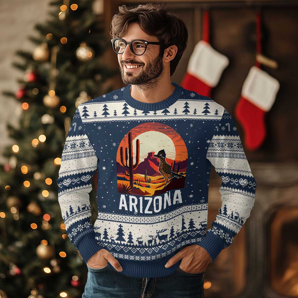 Retro Arizona Roadrunner Desert Sunset Graphic Ugly Christmas Sweater Southwest Saguaro Cactus Wildlife Travel Souvenir