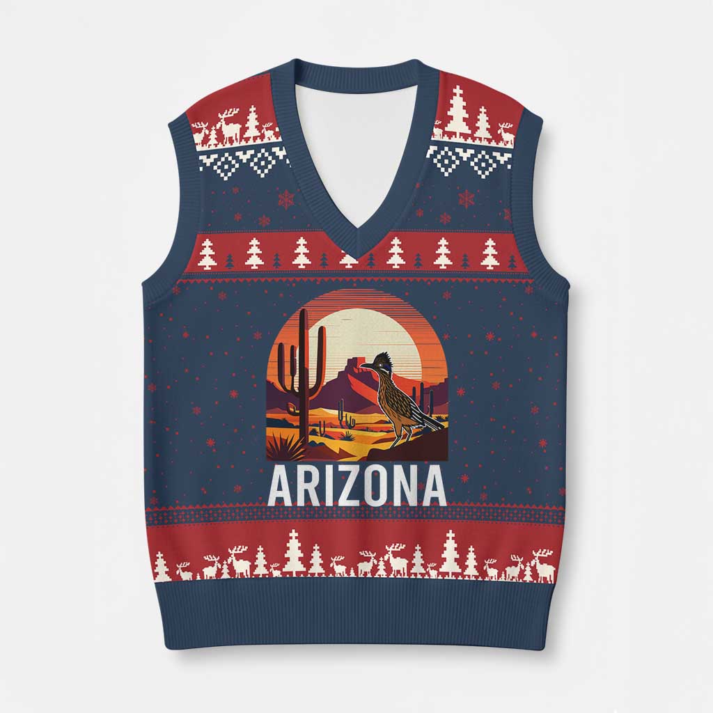 Retro Arizona Roadrunner Desert Sunset Graphic V-Neck Knit Sweater Vest Southwest Saguaro Cactus Wildlife Travel Souvenir