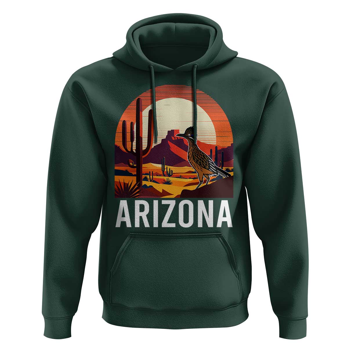 Retro Arizona Roadrunner Desert Sunset Graphic Hoodie Southwest Saguaro Cactus Wildlife Travel Souvenir