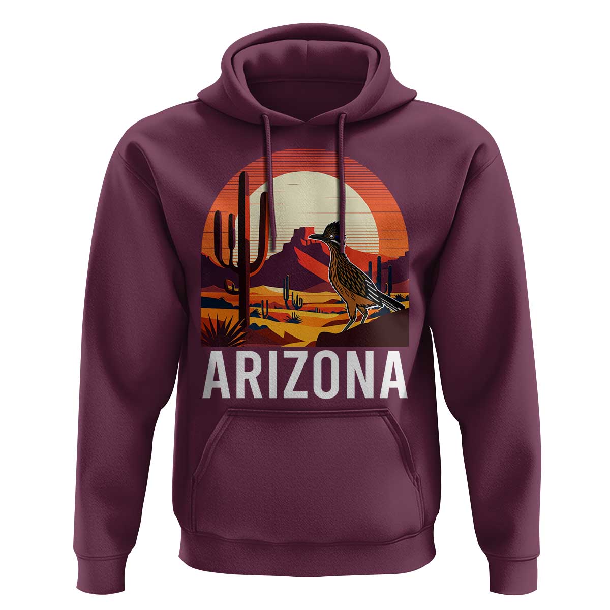 Retro Arizona Roadrunner Desert Sunset Graphic Hoodie Southwest Saguaro Cactus Wildlife Travel Souvenir