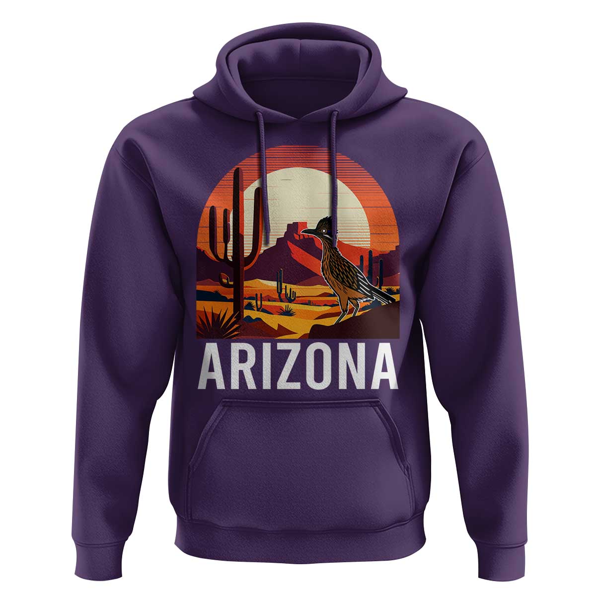 Retro Arizona Roadrunner Desert Sunset Graphic Hoodie Southwest Saguaro Cactus Wildlife Travel Souvenir