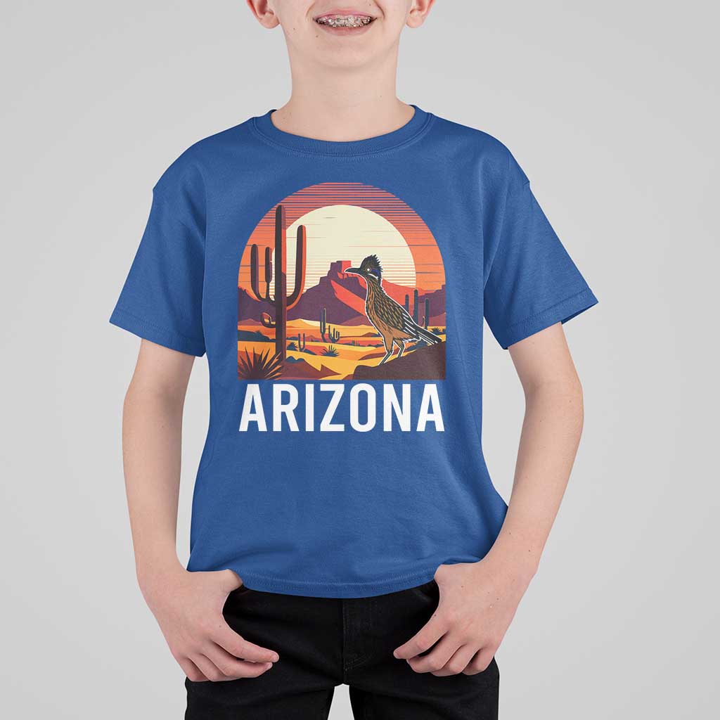 Retro Arizona Roadrunner Desert Sunset Graphic T Shirt For Kid Southwest Saguaro Cactus Wildlife Travel Souvenir