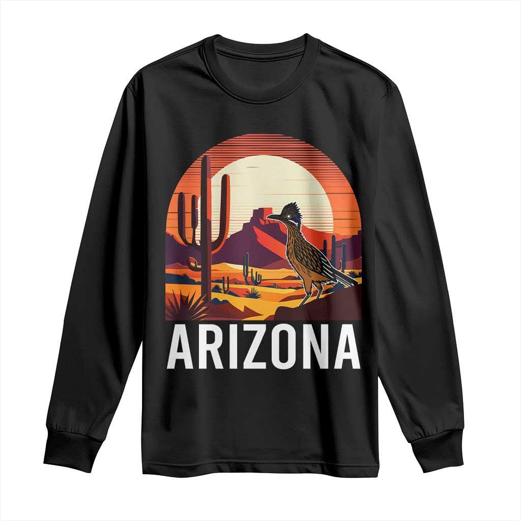Retro Arizona Roadrunner Desert Sunset Graphic Long Sleeve Shirt Southwest Saguaro Cactus Wildlife Travel Souvenir