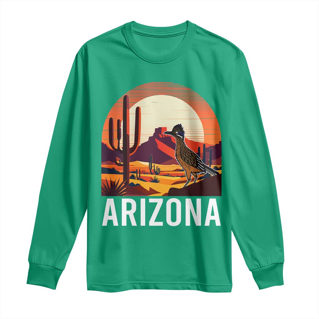 Retro Arizona Roadrunner Desert Sunset Graphic Long Sleeve Shirt Southwest Saguaro Cactus Wildlife Travel Souvenir