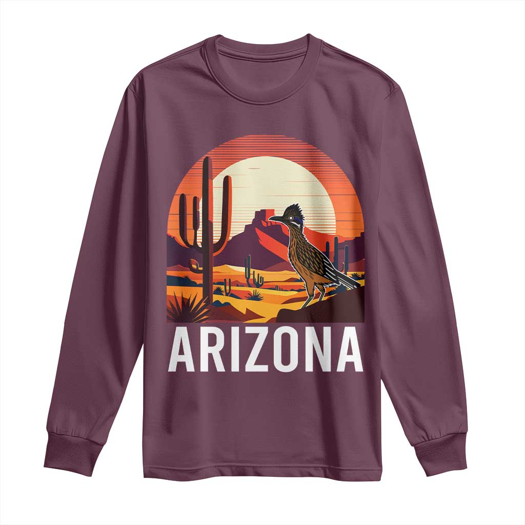 Retro Arizona Roadrunner Desert Sunset Graphic Long Sleeve Shirt Southwest Saguaro Cactus Wildlife Travel Souvenir