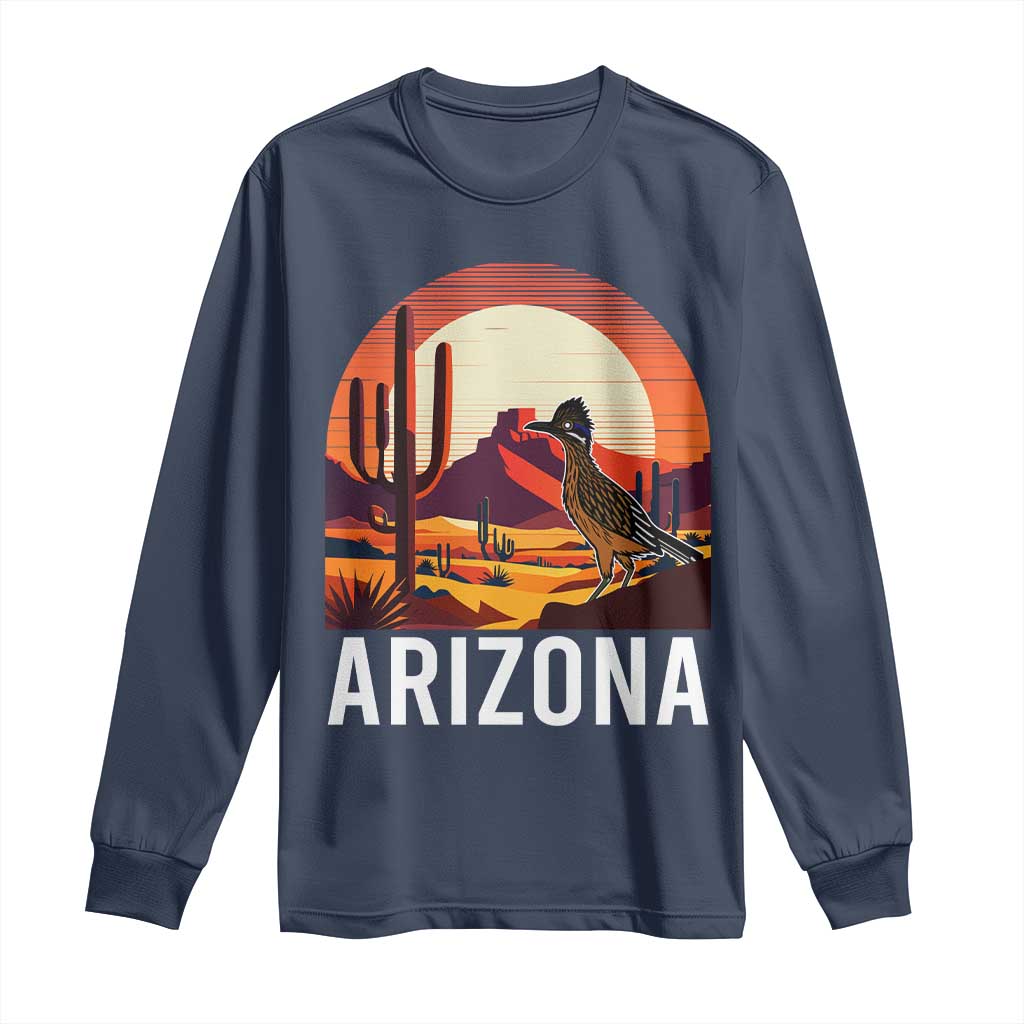 Retro Arizona Roadrunner Desert Sunset Graphic Long Sleeve Shirt Southwest Saguaro Cactus Wildlife Travel Souvenir