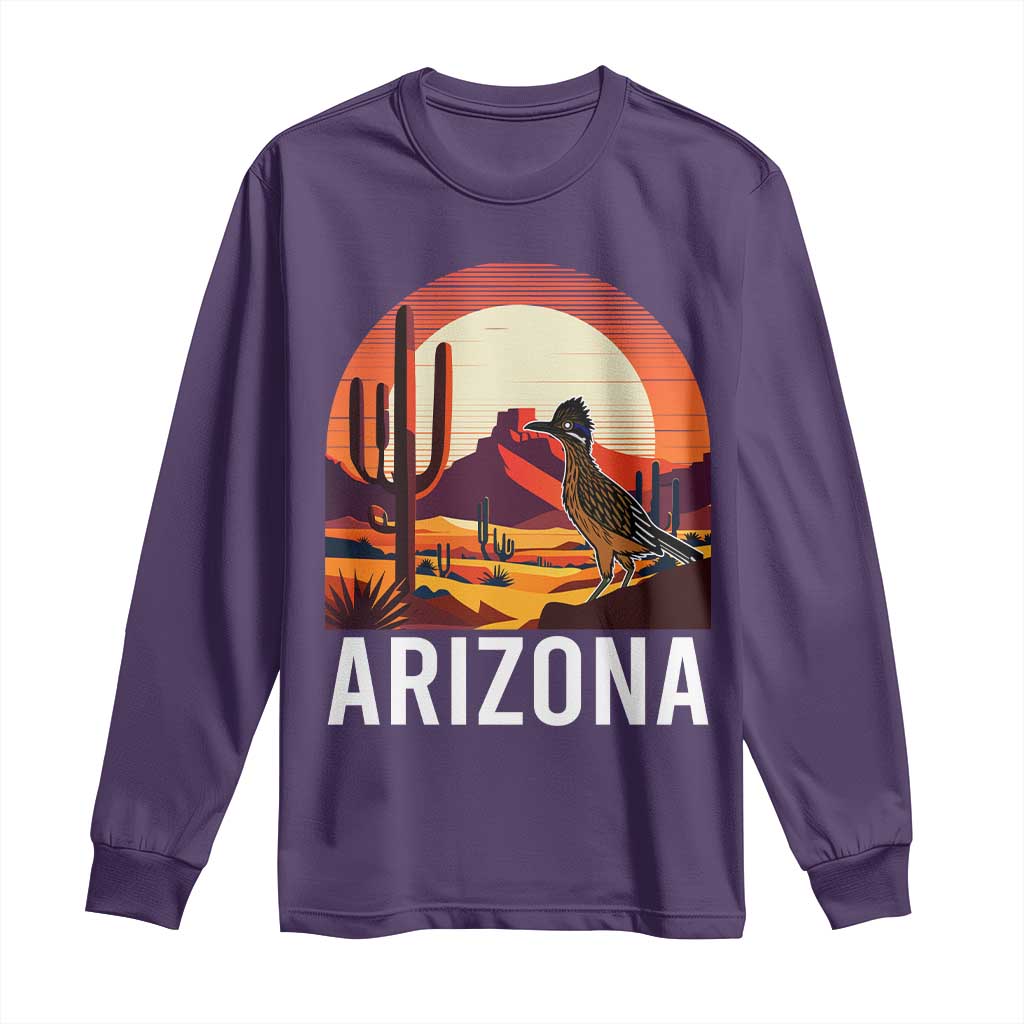 Retro Arizona Roadrunner Desert Sunset Graphic Long Sleeve Shirt Southwest Saguaro Cactus Wildlife Travel Souvenir
