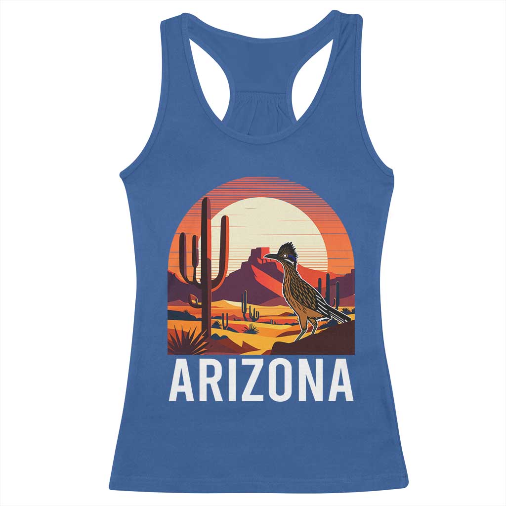 Retro Arizona Roadrunner Desert Sunset Graphic Racerback Tank Top Southwest Saguaro Cactus Wildlife Travel Souvenir