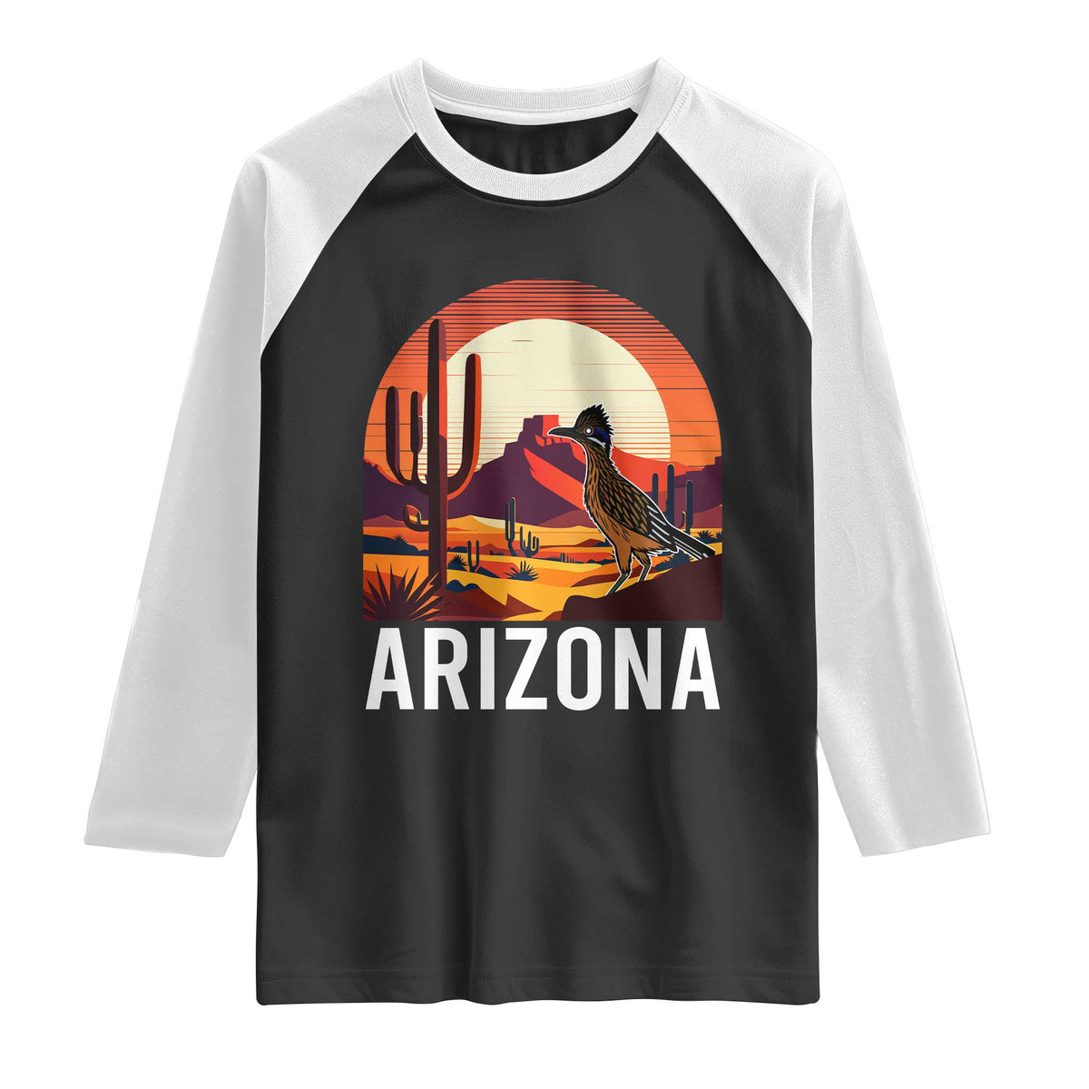 Retro Arizona Roadrunner Desert Sunset Graphic Raglan Shirt Southwest Saguaro Cactus Wildlife Travel Souvenir