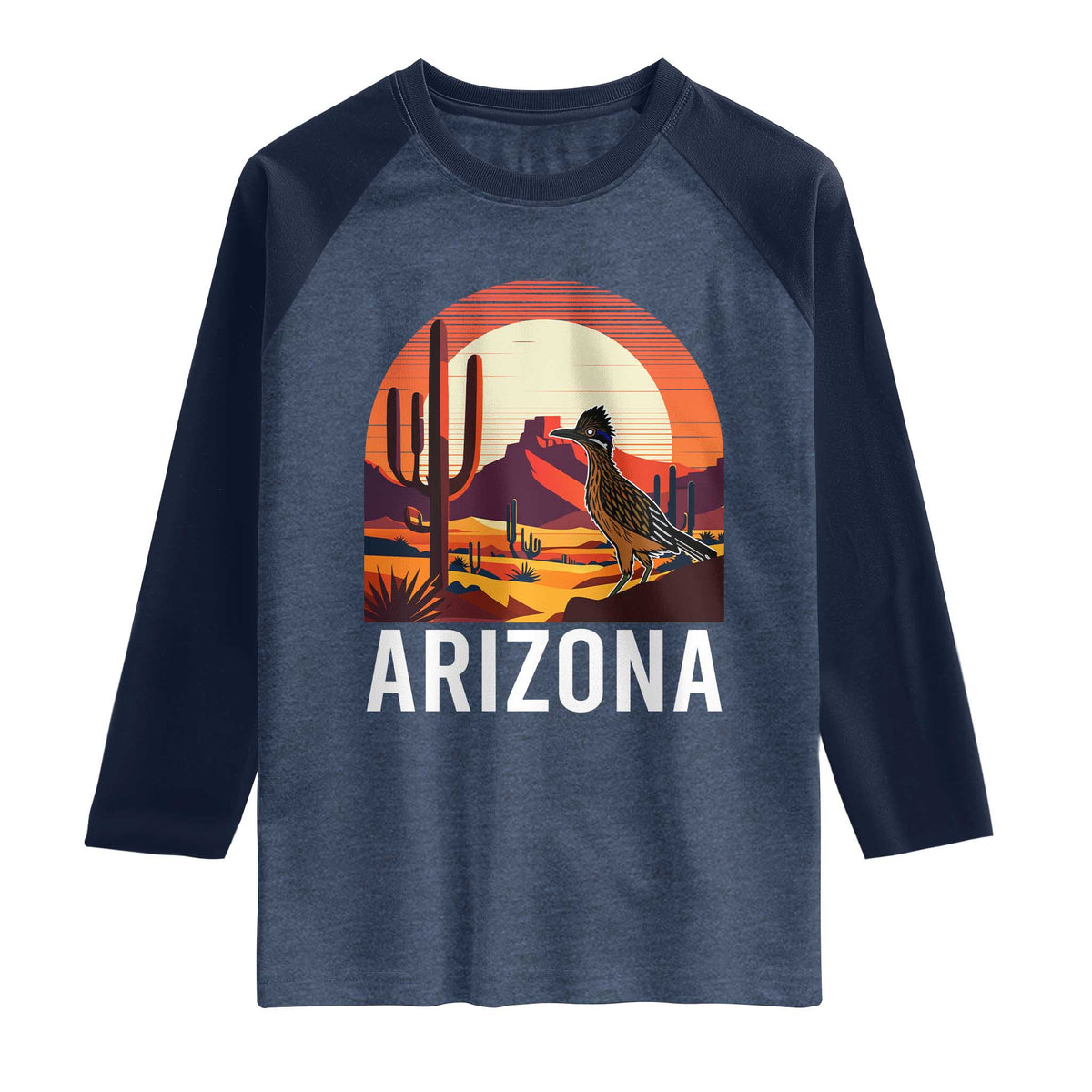 Retro Arizona Roadrunner Desert Sunset Graphic Raglan Shirt Southwest Saguaro Cactus Wildlife Travel Souvenir