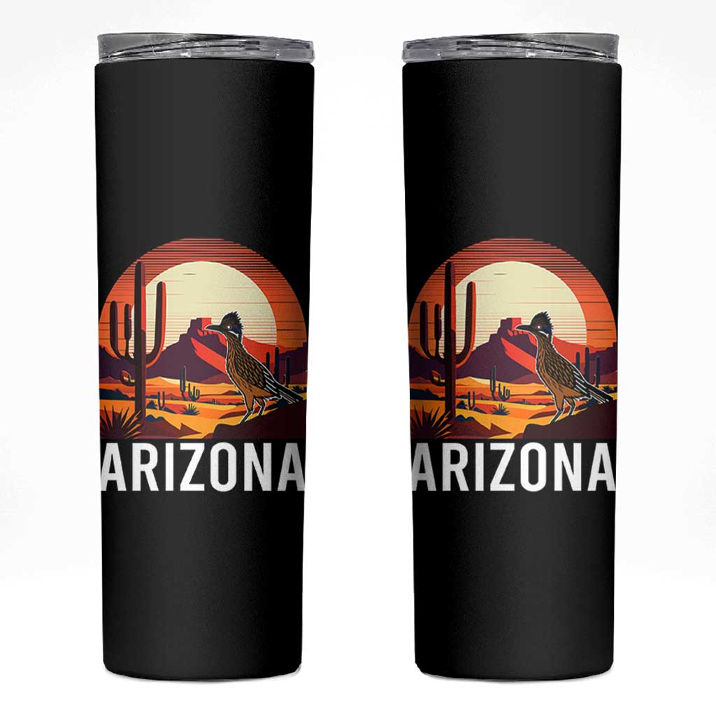 Retro Arizona Roadrunner Desert Sunset Graphic Skinny Tumbler Southwest Saguaro Cactus Wildlife Travel Souvenir