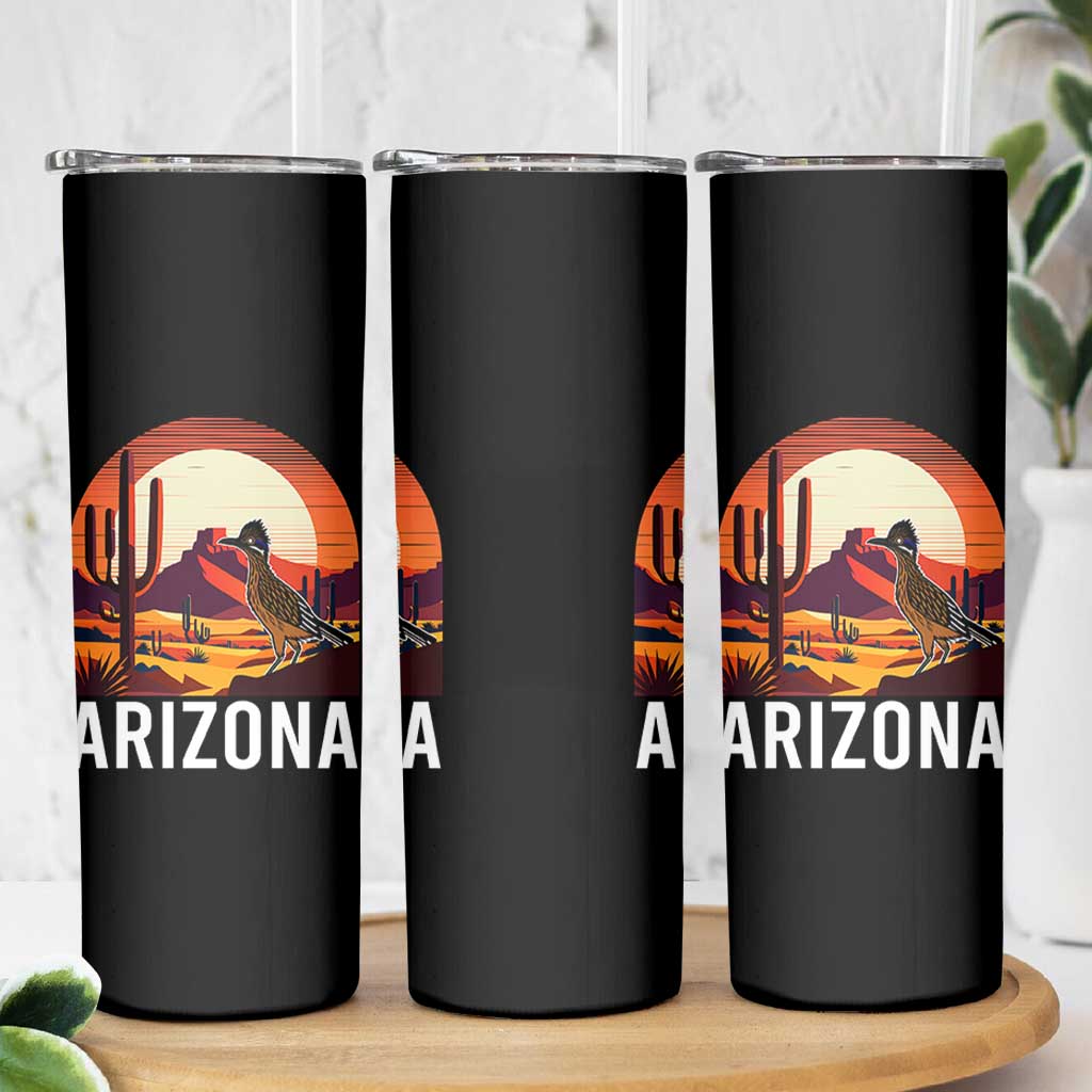 Retro Arizona Roadrunner Desert Sunset Graphic Skinny Tumbler Southwest Saguaro Cactus Wildlife Travel Souvenir