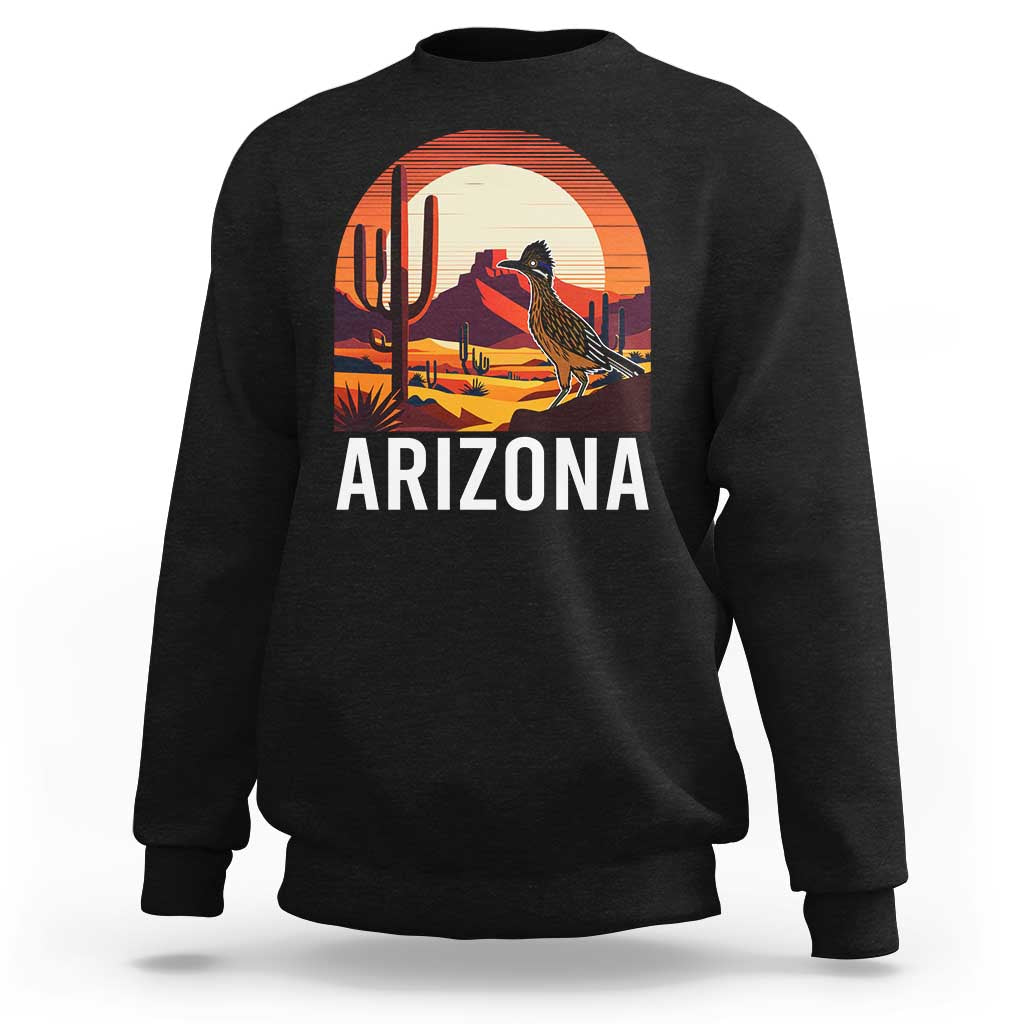 Retro Arizona Roadrunner Desert Sunset Graphic Sweatshirt Southwest Saguaro Cactus Wildlife Travel Souvenir