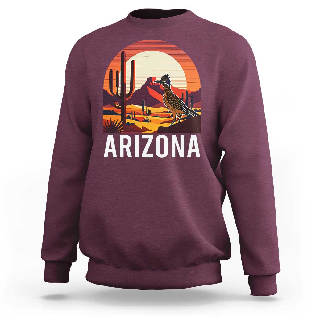 Retro Arizona Roadrunner Desert Sunset Graphic Sweatshirt Southwest Saguaro Cactus Wildlife Travel Souvenir