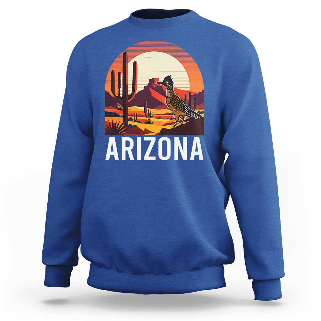 Retro Arizona Roadrunner Desert Sunset Graphic Sweatshirt Southwest Saguaro Cactus Wildlife Travel Souvenir