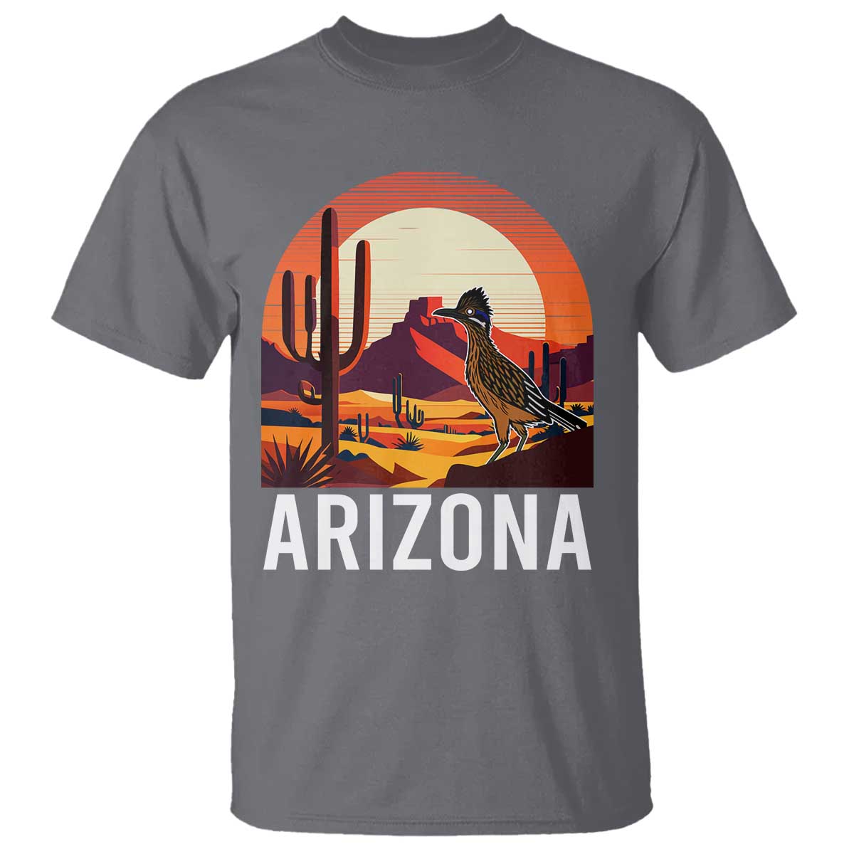 Retro Arizona Roadrunner Desert Sunset Graphic T Shirt Southwest Saguaro Cactus Wildlife Travel Souvenir
