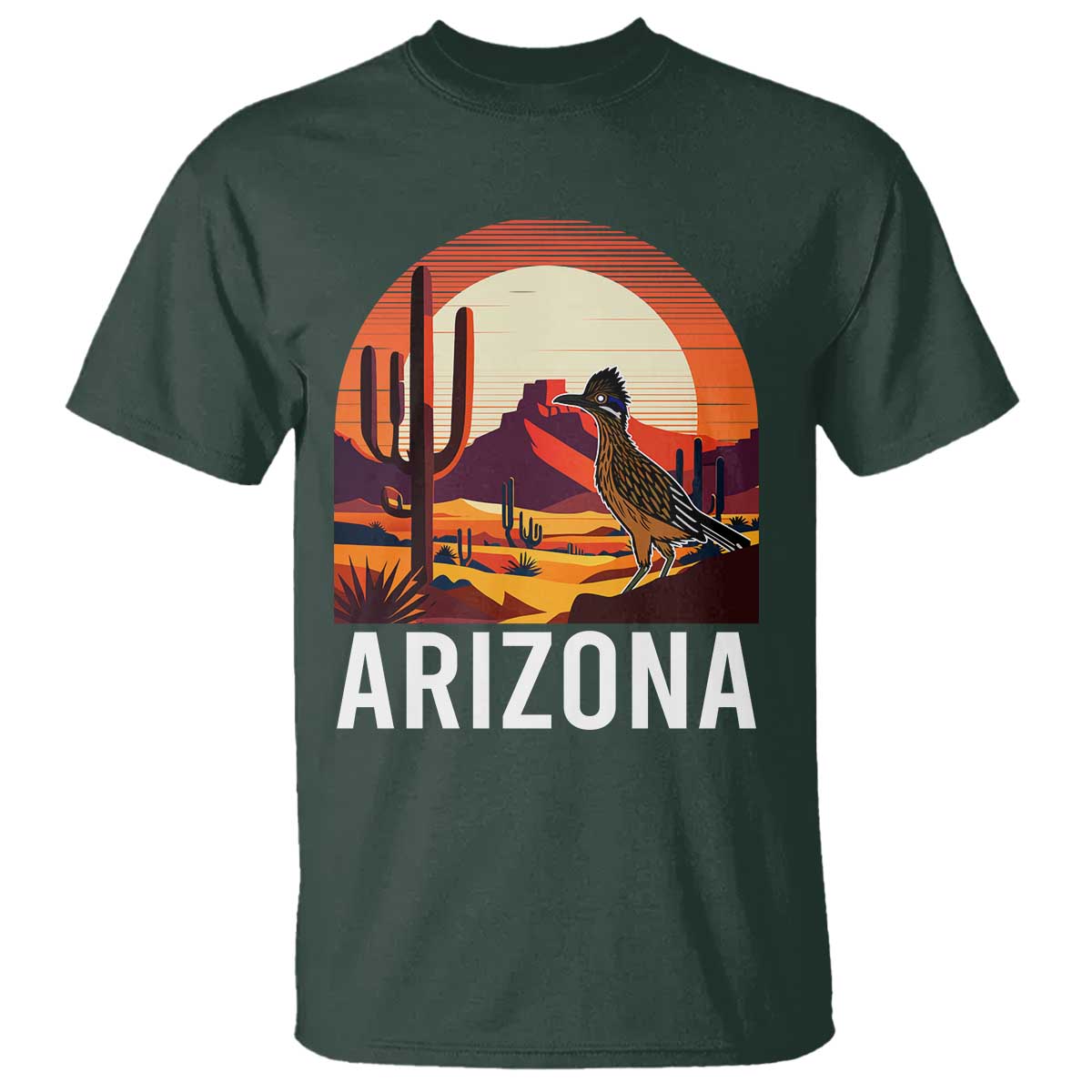 Retro Arizona Roadrunner Desert Sunset Graphic T Shirt Southwest Saguaro Cactus Wildlife Travel Souvenir