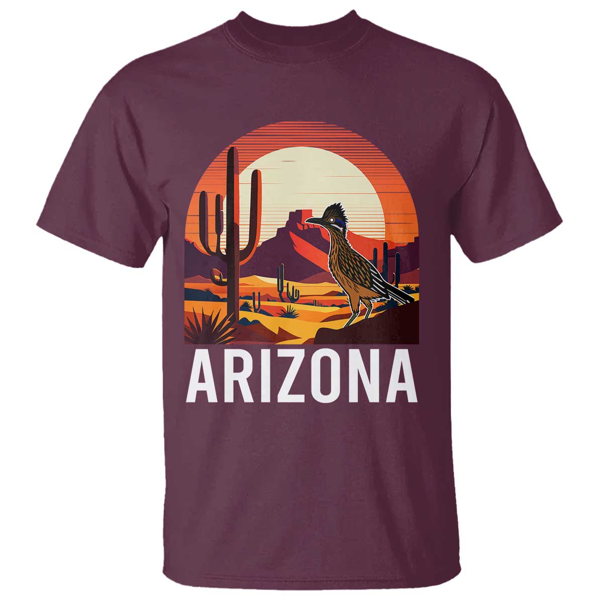 Retro Arizona Roadrunner Desert Sunset Graphic T Shirt Southwest Saguaro Cactus Wildlife Travel Souvenir