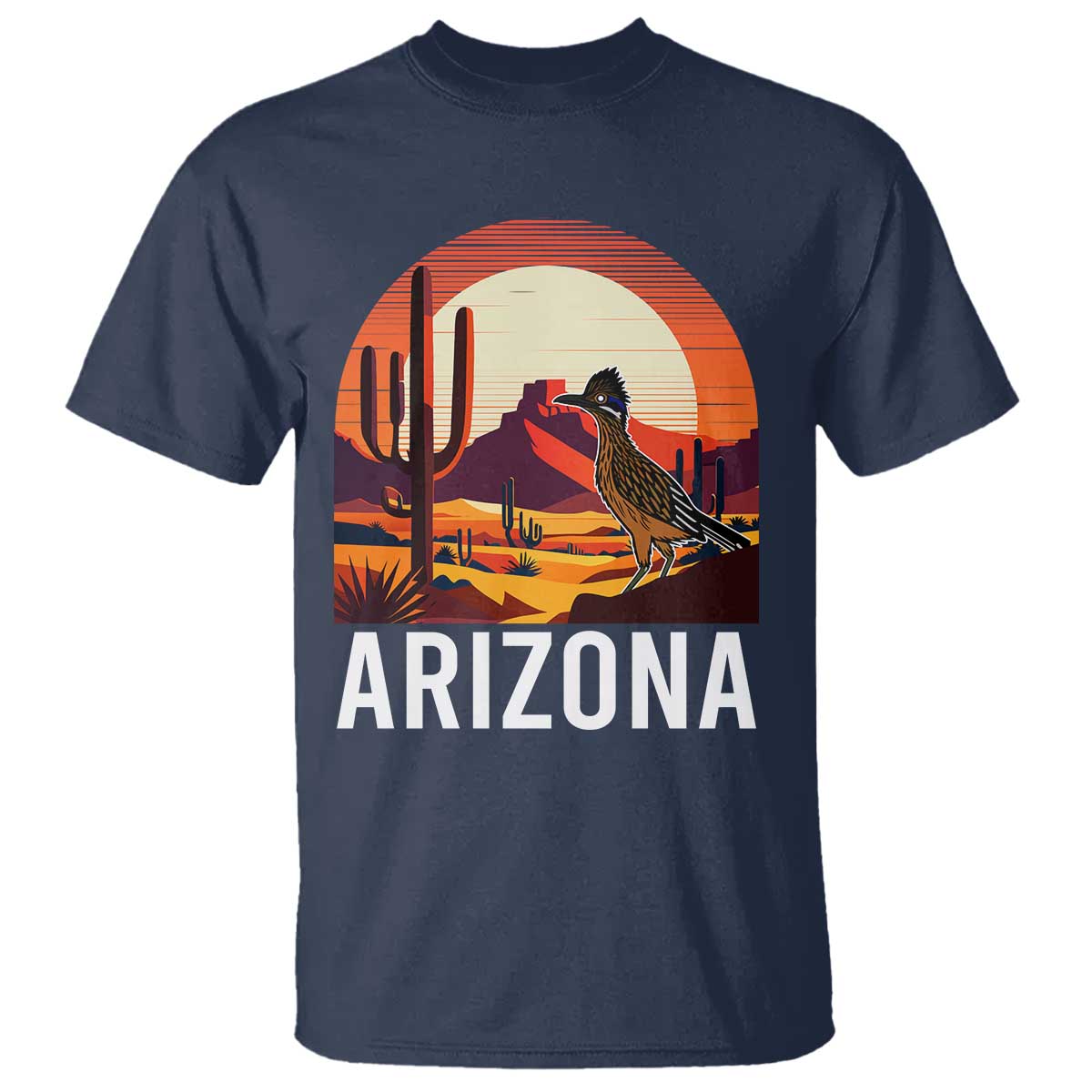 Retro Arizona Roadrunner Desert Sunset Graphic T Shirt Southwest Saguaro Cactus Wildlife Travel Souvenir