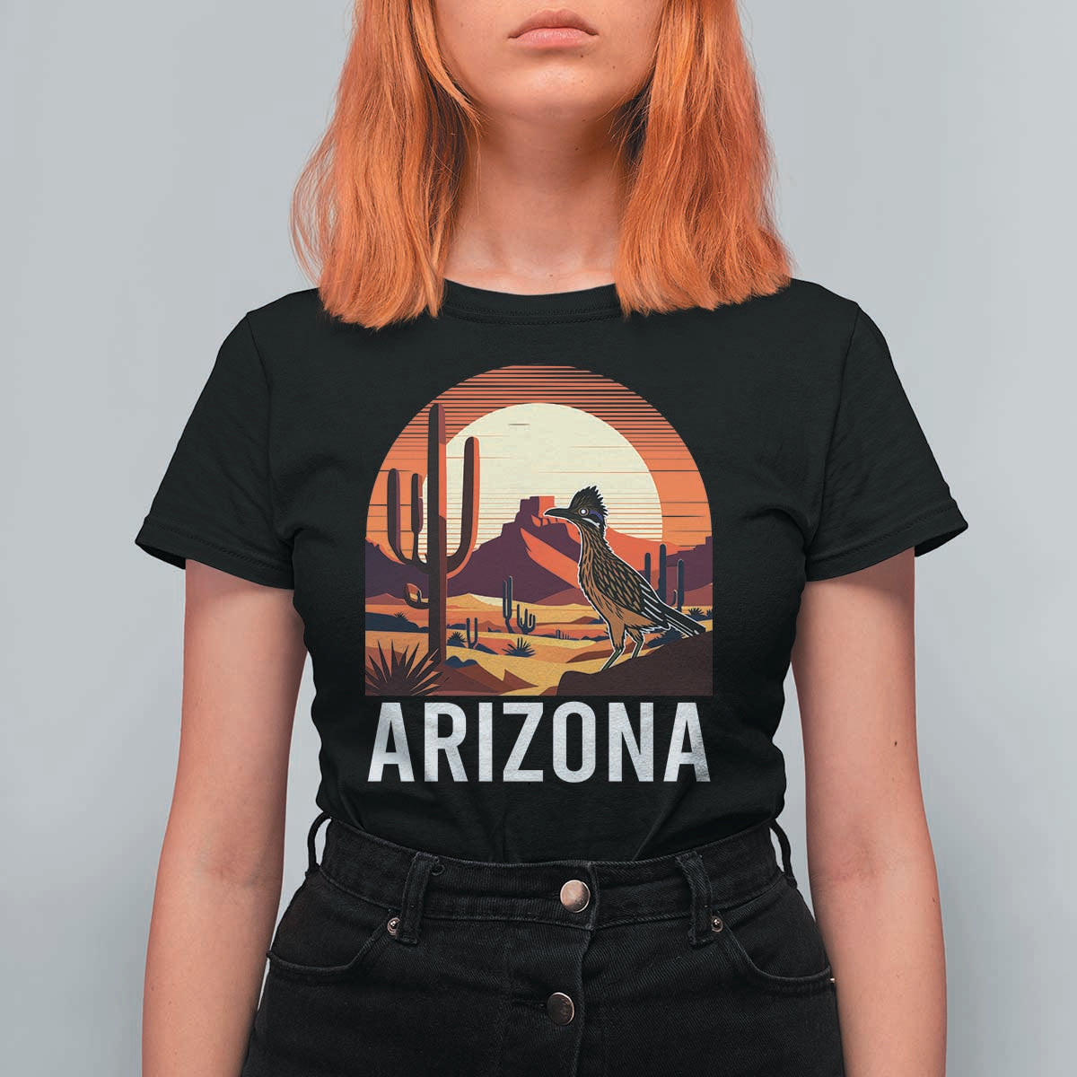 Retro Arizona Roadrunner Desert Sunset Graphic T Shirt For Women Southwest Saguaro Cactus Wildlife Travel Souvenir