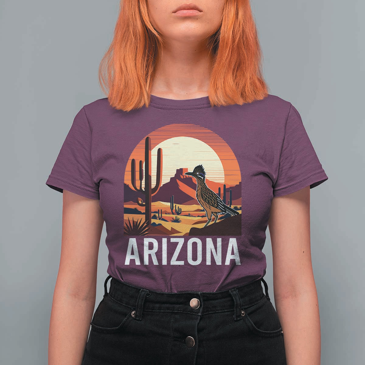 Retro Arizona Roadrunner Desert Sunset Graphic T Shirt For Women Southwest Saguaro Cactus Wildlife Travel Souvenir