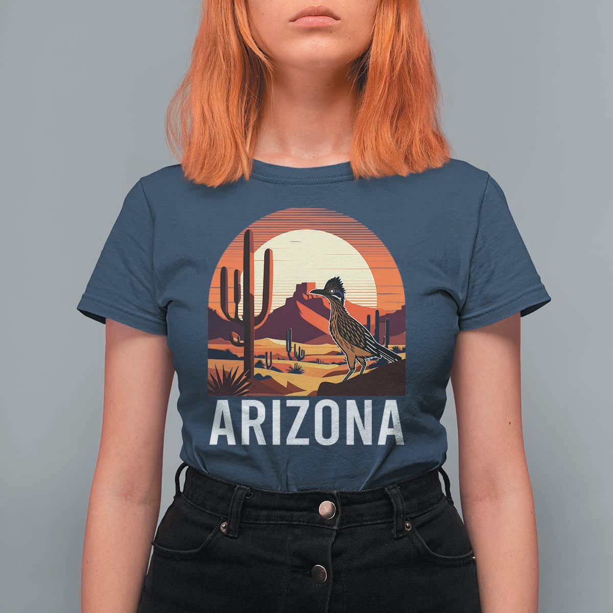 Retro Arizona Roadrunner Desert Sunset Graphic T Shirt For Women Southwest Saguaro Cactus Wildlife Travel Souvenir