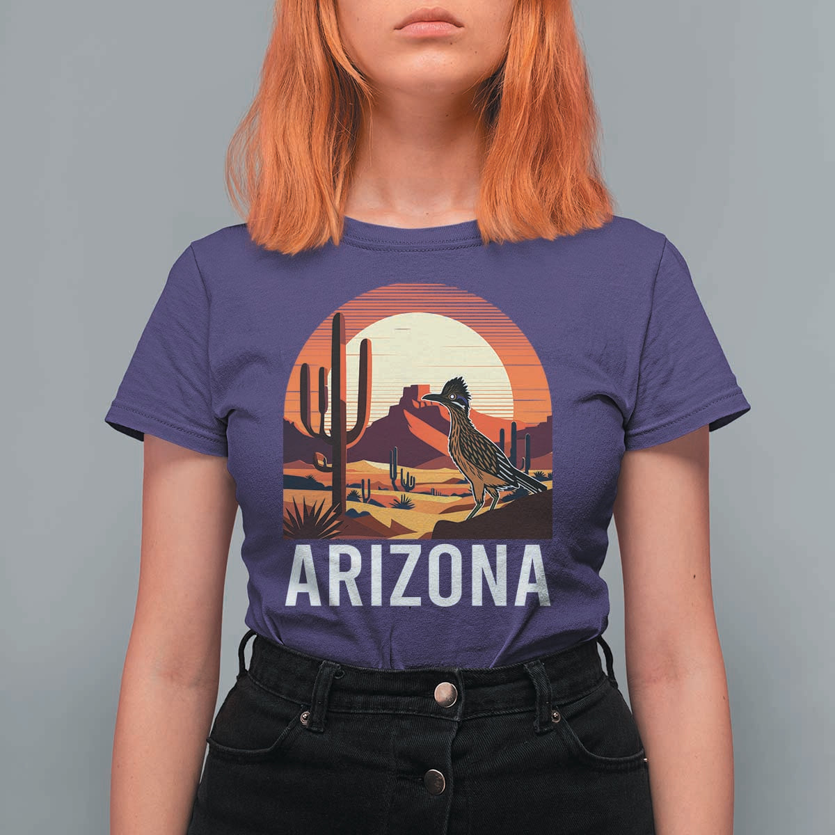 Retro Arizona Roadrunner Desert Sunset Graphic T Shirt For Women Southwest Saguaro Cactus Wildlife Travel Souvenir