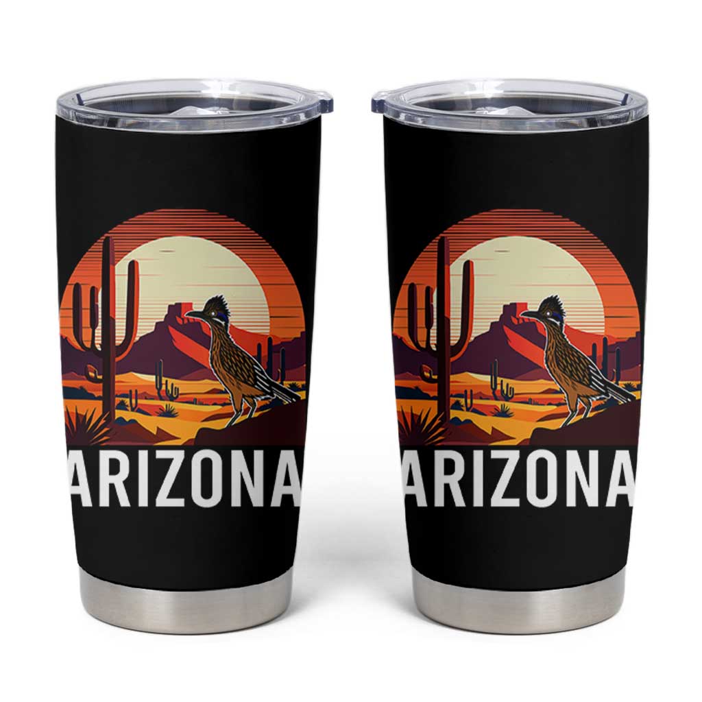 Retro Arizona Roadrunner Desert Sunset Graphic Tumbler Cup Southwest Saguaro Cactus Wildlife Travel Souvenir