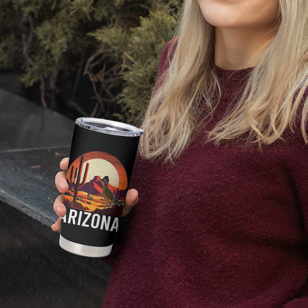 Retro Arizona Roadrunner Desert Sunset Graphic Tumbler Cup Southwest Saguaro Cactus Wildlife Travel Souvenir