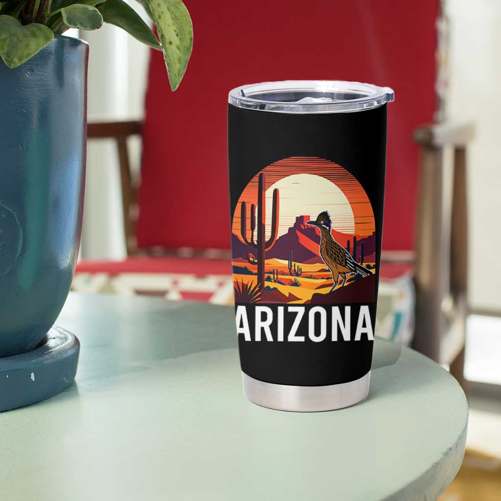 Retro Arizona Roadrunner Desert Sunset Graphic Tumbler Cup Southwest Saguaro Cactus Wildlife Travel Souvenir