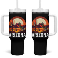 Retro Arizona Roadrunner Desert Sunset Graphic Tumbler With Handle Southwest Saguaro Cactus Wildlife Travel Souvenir