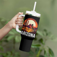 Retro Arizona Roadrunner Desert Sunset Graphic Tumbler With Handle Southwest Saguaro Cactus Wildlife Travel Souvenir