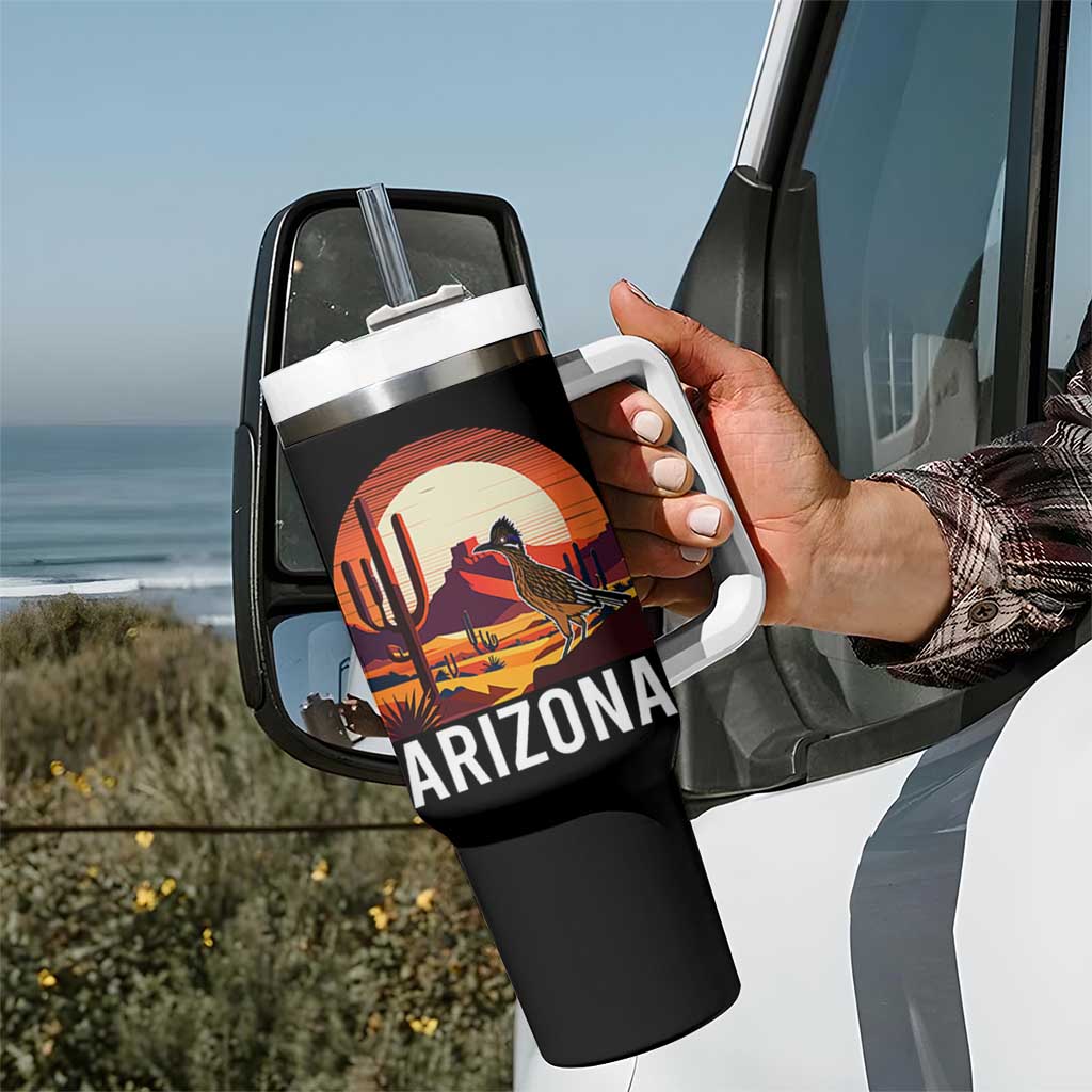 Retro Arizona Roadrunner Desert Sunset Graphic Tumbler With Handle Southwest Saguaro Cactus Wildlife Travel Souvenir
