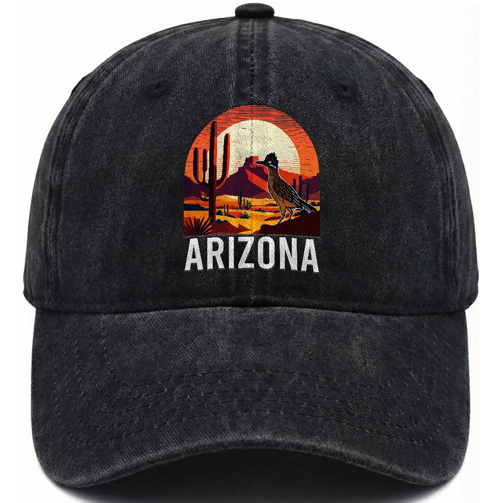 Retro Arizona Roadrunner Desert Sunset Graphic Washed Cotton Baseball Cap Southwest Saguaro Cactus Wildlife Travel Souvenir