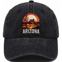Retro Arizona Roadrunner Desert Sunset Graphic Washed Cotton Baseball Cap Southwest Saguaro Cactus Wildlife Travel Souvenir
