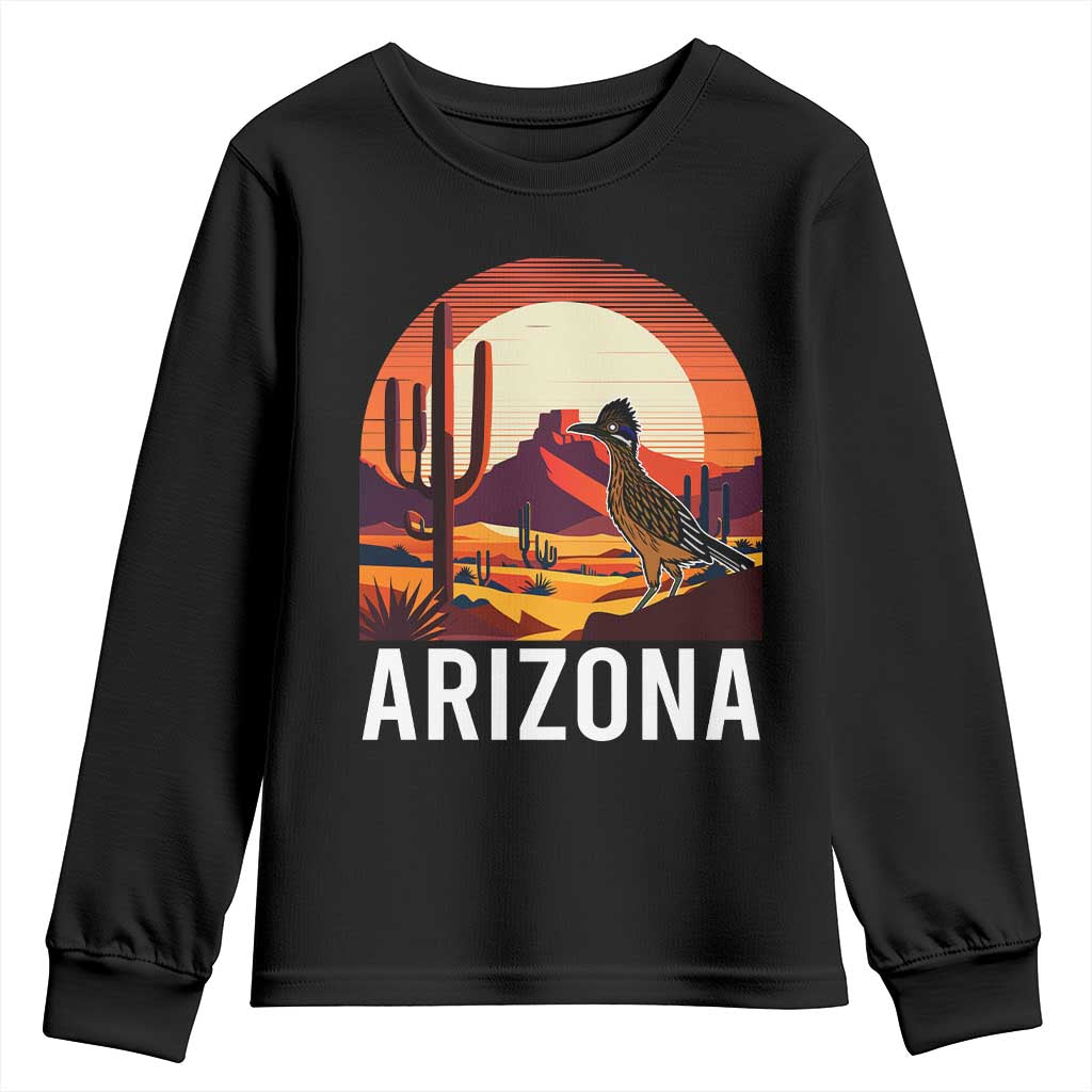 Retro Arizona Roadrunner Desert Sunset Graphic Youth Sweatshirt Southwest Saguaro Cactus Wildlife Travel Souvenir