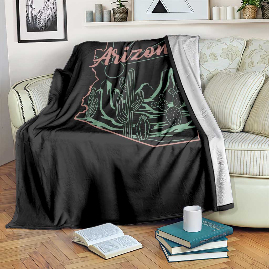 Vintage Arizona State Outline Desert Sunset Graphic Throw Blanket Retro Southwest Saguaro Cactus Travel Souvenir