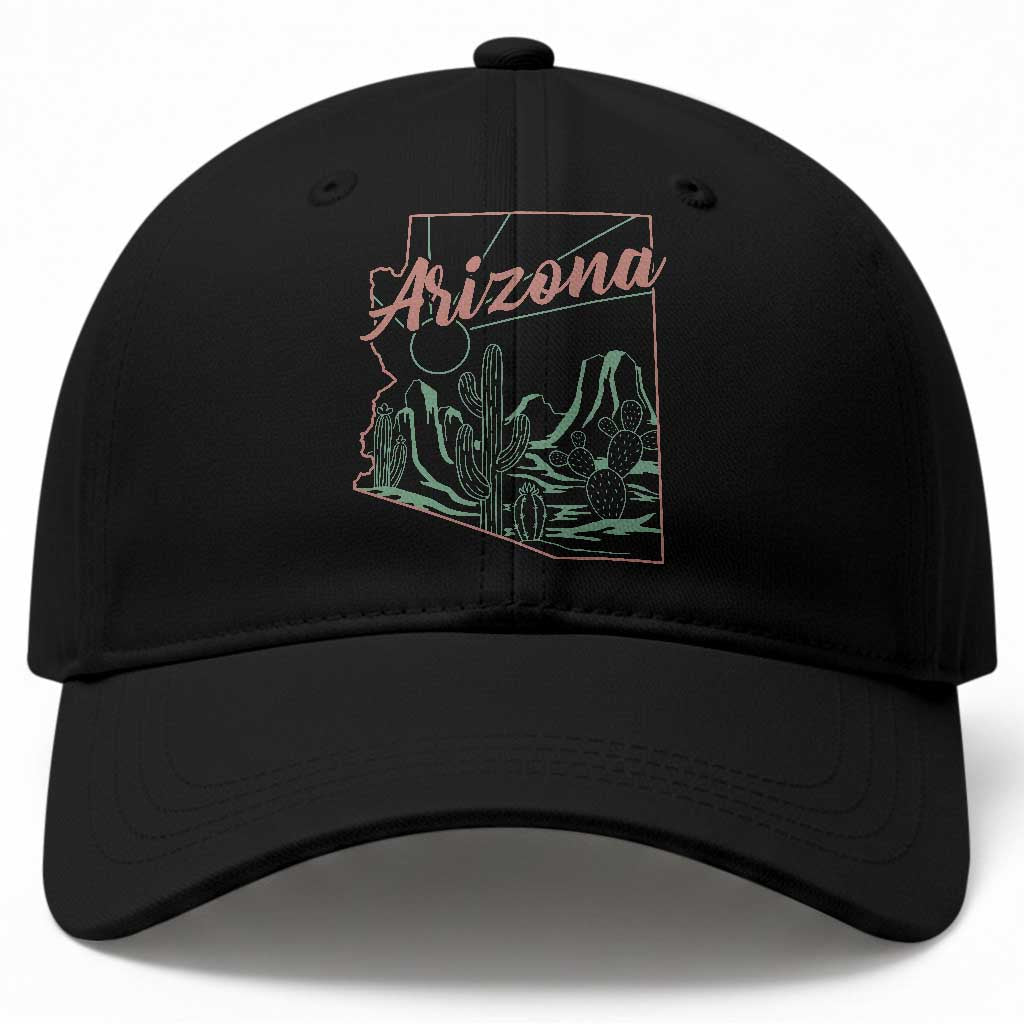 Vintage Arizona State Outline Desert Sunset Graphic Baseball Cap Retro Southwest Saguaro Cactus Travel Souvenir