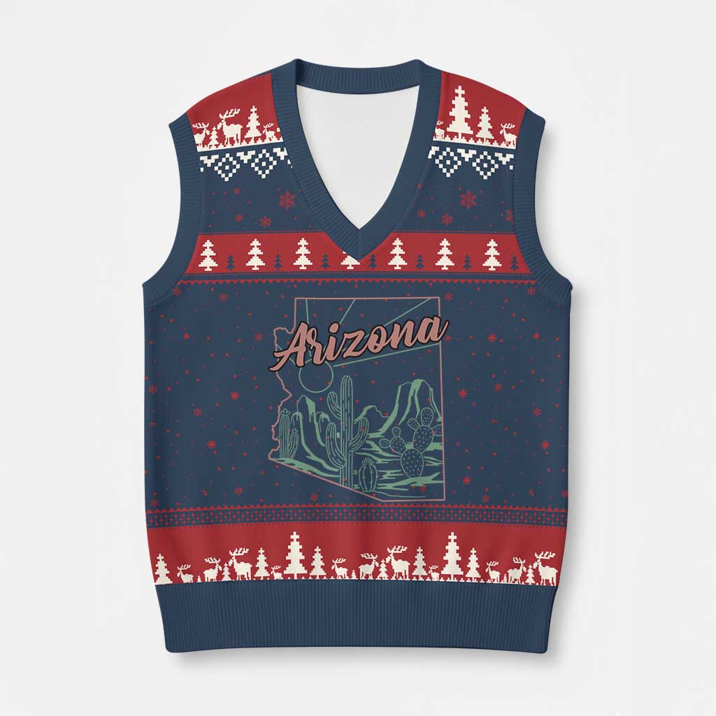 Vintage Arizona State Outline Desert Sunset Graphic V-Neck Knit Sweater Vest Retro Southwest Saguaro Cactus Travel Souvenir