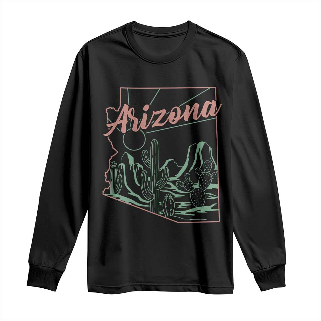 Vintage Arizona State Outline Desert Sunset Graphic Long Sleeve Shirt Retro Southwest Saguaro Cactus Travel Souvenir