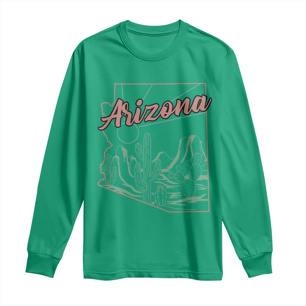 Vintage Arizona State Outline Desert Sunset Graphic Long Sleeve Shirt Retro Southwest Saguaro Cactus Travel Souvenir