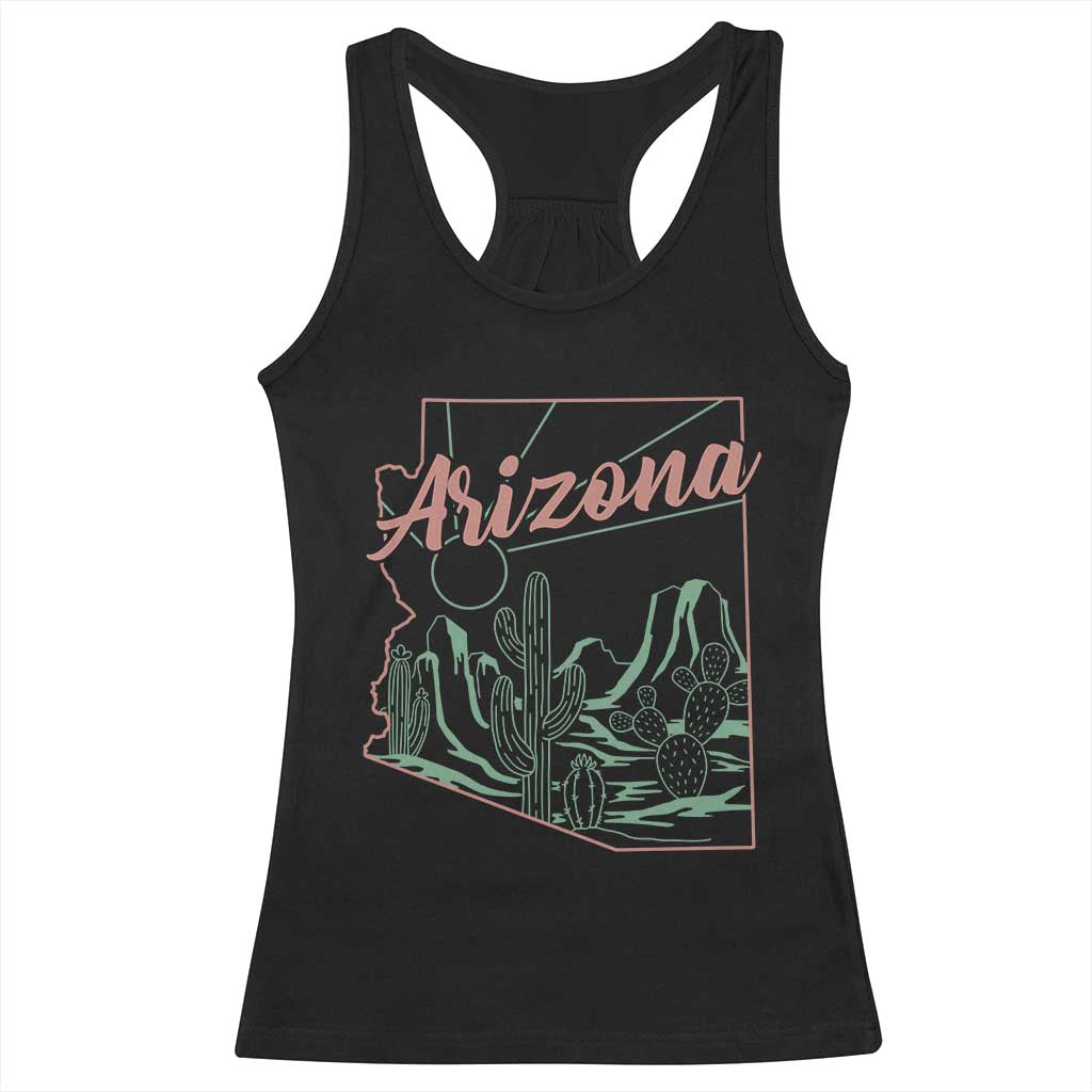 Vintage Arizona State Outline Desert Sunset Graphic Racerback Tank Top Retro Southwest Saguaro Cactus Travel Souvenir