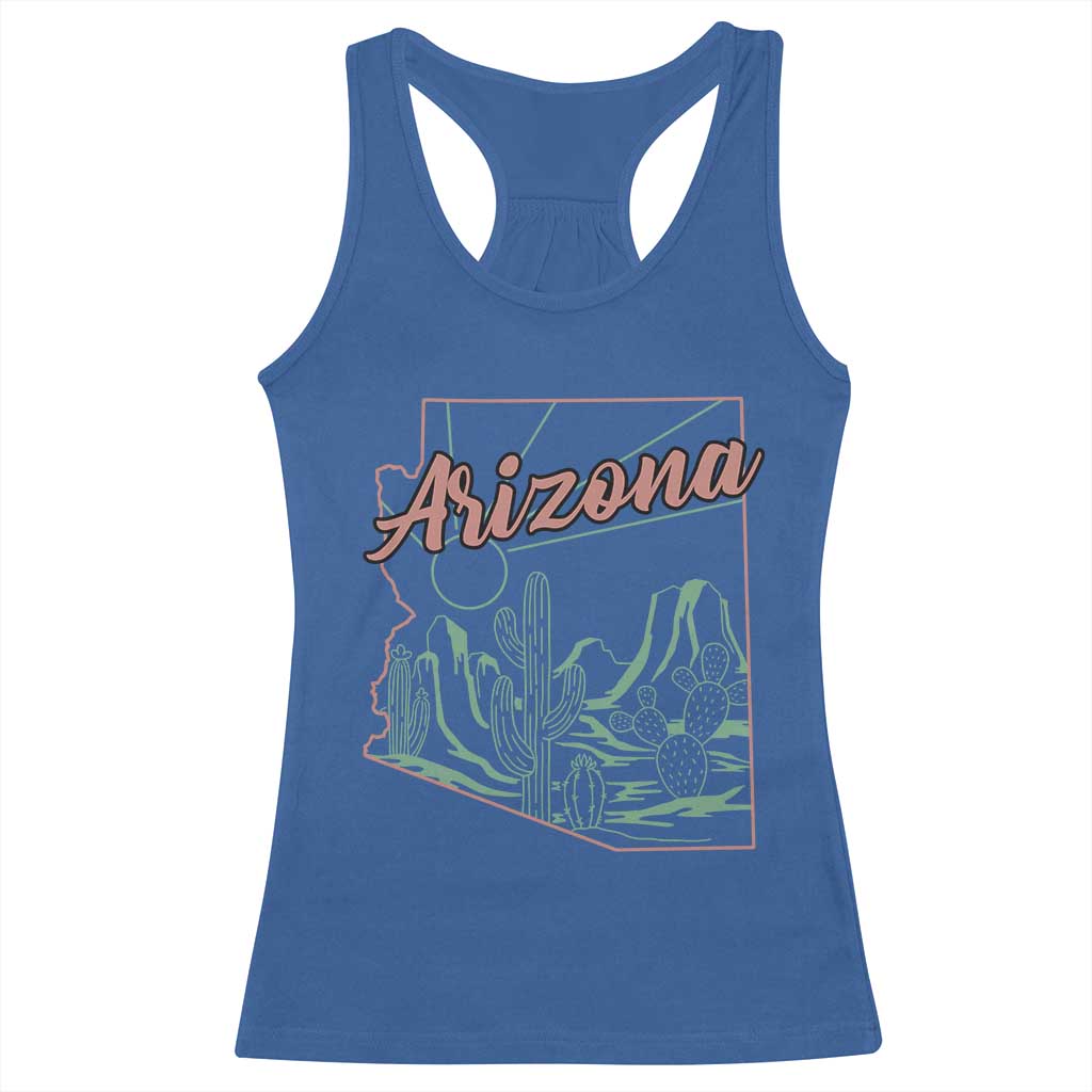 Vintage Arizona State Outline Desert Sunset Graphic Racerback Tank Top Retro Southwest Saguaro Cactus Travel Souvenir