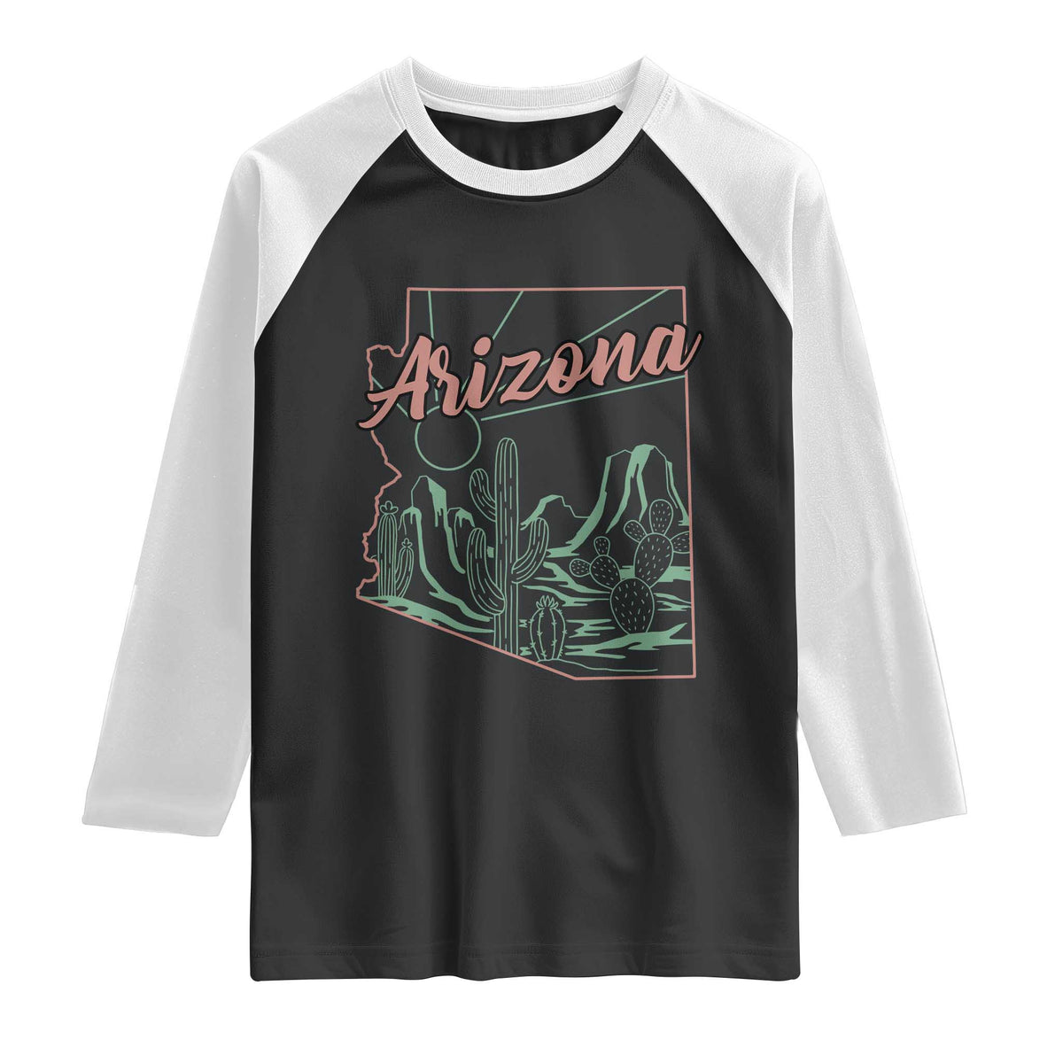 Vintage Arizona State Outline Desert Sunset Graphic Raglan Shirt Retro Southwest Saguaro Cactus Travel Souvenir
