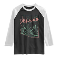 Vintage Arizona State Outline Desert Sunset Graphic Raglan Shirt Retro Southwest Saguaro Cactus Travel Souvenir