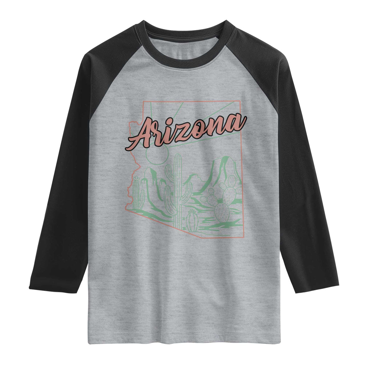 Vintage Arizona State Outline Desert Sunset Graphic Raglan Shirt Retro Southwest Saguaro Cactus Travel Souvenir