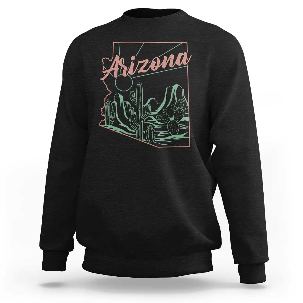 Vintage Arizona State Outline Desert Sunset Graphic Sweatshirt Retro Southwest Saguaro Cactus Travel Souvenir