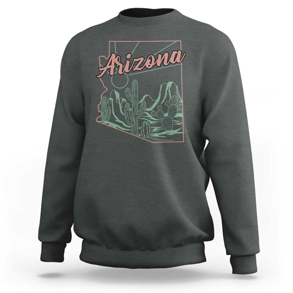 Vintage Arizona State Outline Desert Sunset Graphic Sweatshirt Retro Southwest Saguaro Cactus Travel Souvenir